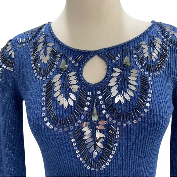 Blue Long Sleeve Ribbed Sequin Embellished Sweater M Glam Sparkly Festival Chic - Picture 11 of 11
